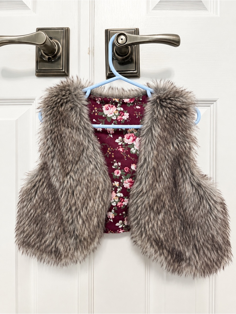 Girls Gray Faux Fur Vest with Floral Lining
